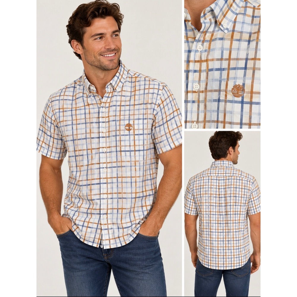 Timberland Mens XXL Plaid Short Sleeve Button Down Shirt Blue Tan